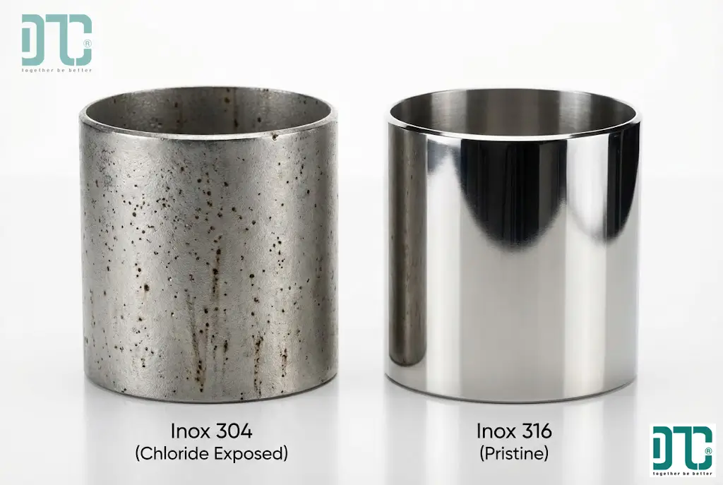 Phân biệt Inox 304 và Inox 316L qua khả năng chịu ăn mòn của Ion Clorua và Axit Sulfuric.