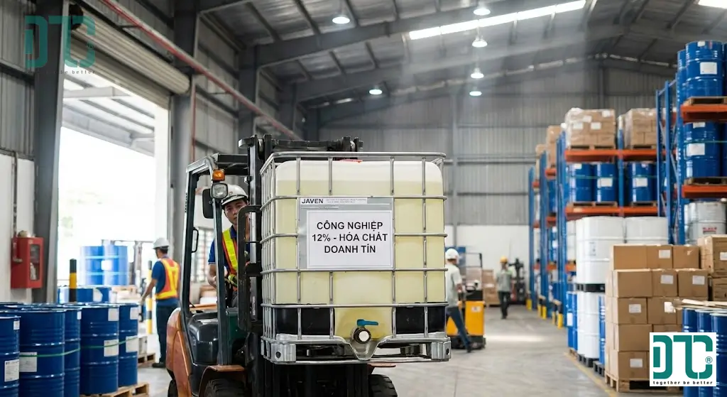 Vận chuyển tank nhựa IBC 1000L chứa hóa chất Javen công nghiệp (Sodium Hypochlorite) tại kho Hóa chất Doanh Tín, giải pháp đóng gói tiết kiệm chi phí nhất cho khách hàng nhu cầu lớn.