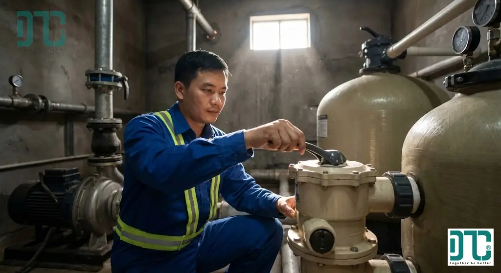 Quy trình vận hành bình lọc cát và tính toán lưu lượng tuần hoàn cho máy bơm hồ bơi.