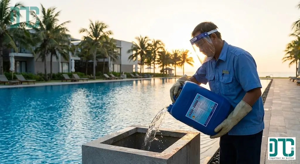 Kỹ thuật viên người Việt Nam đang sử dụng hóa chất xử lý nước Javen nồng độ 10-12% để khử trùng diệt khuẩn và ức chế rêu tảo tại hồ bơi khu nghỉ dưỡng, đảm bảo chất lượng nước an toàn.