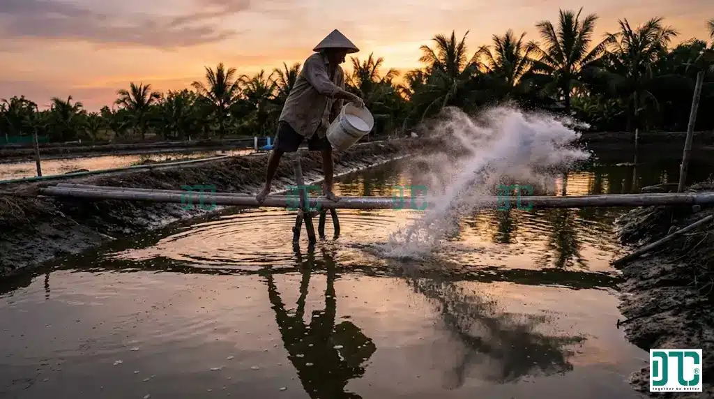 Xử lý đáy ao tôm bằng vôi bột nung CaO, giá vôi bột xử lý ao hồ, kỹ thuật cắt tảo bằng vôi.