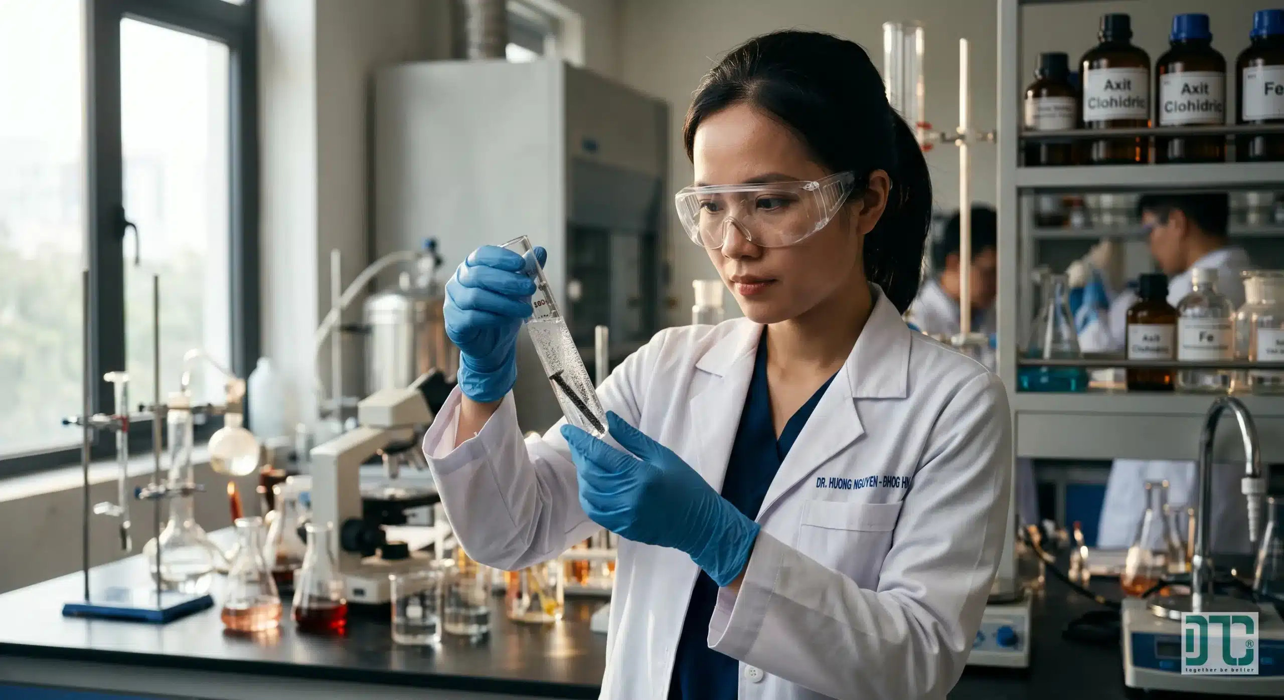 Hiện tượng khi cho đinh sắt vào ống nghiệm chứa dung dịch hcl loãng tạo ra sự sủi bọt khí hiđro và dung dịch muối sắt (II) clorua màu lục nhạt.