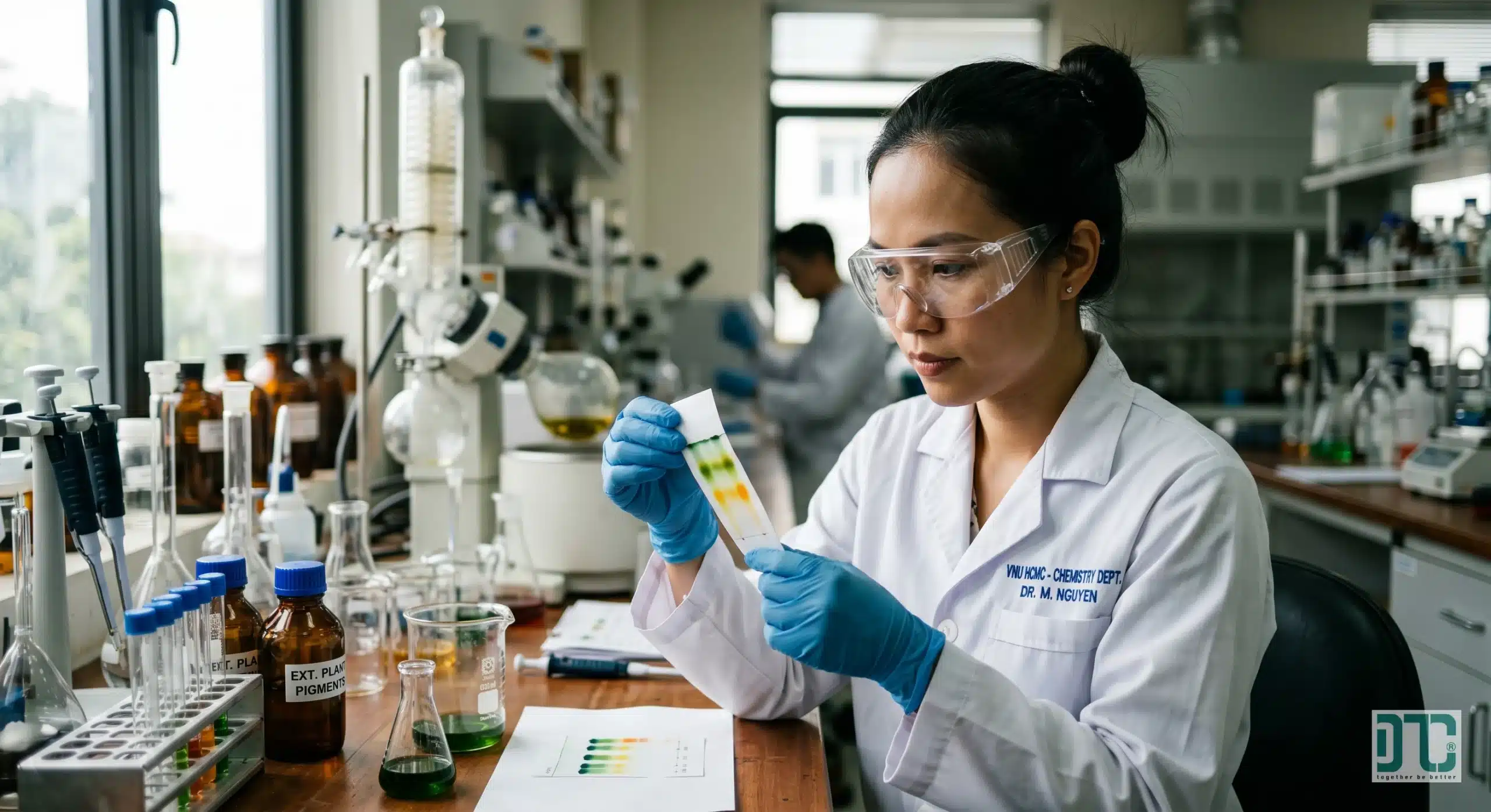 Kỹ thuật viên người Việt Nam đang hướng dẫn cách sử dụng giấy sắc ký tách sắc tố thực vật tạo ra sắc ký đồ rõ nét bằng hiện tượng mao dẫn trong phòng thí nghiệm.